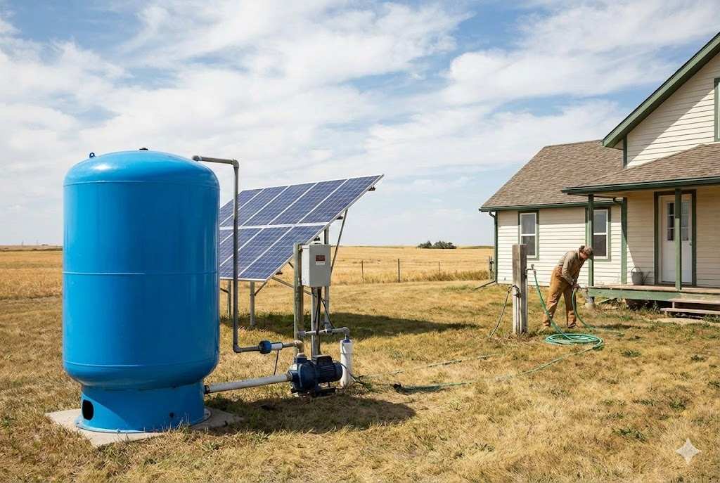 A solar well pump system connected to a blue pressure tank.