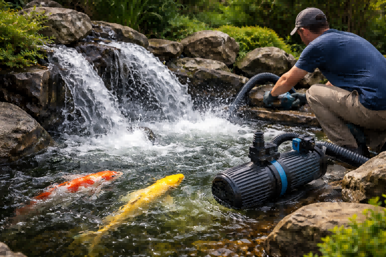 A turbulent pond with water splashing violently from an overpowered pump.