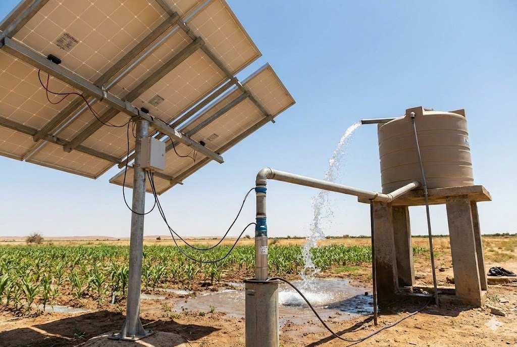 Battery-Free Solar Water Pump System A simple solar water pump system with panels connected directly to a well pump, filling a large water tank on a stand.