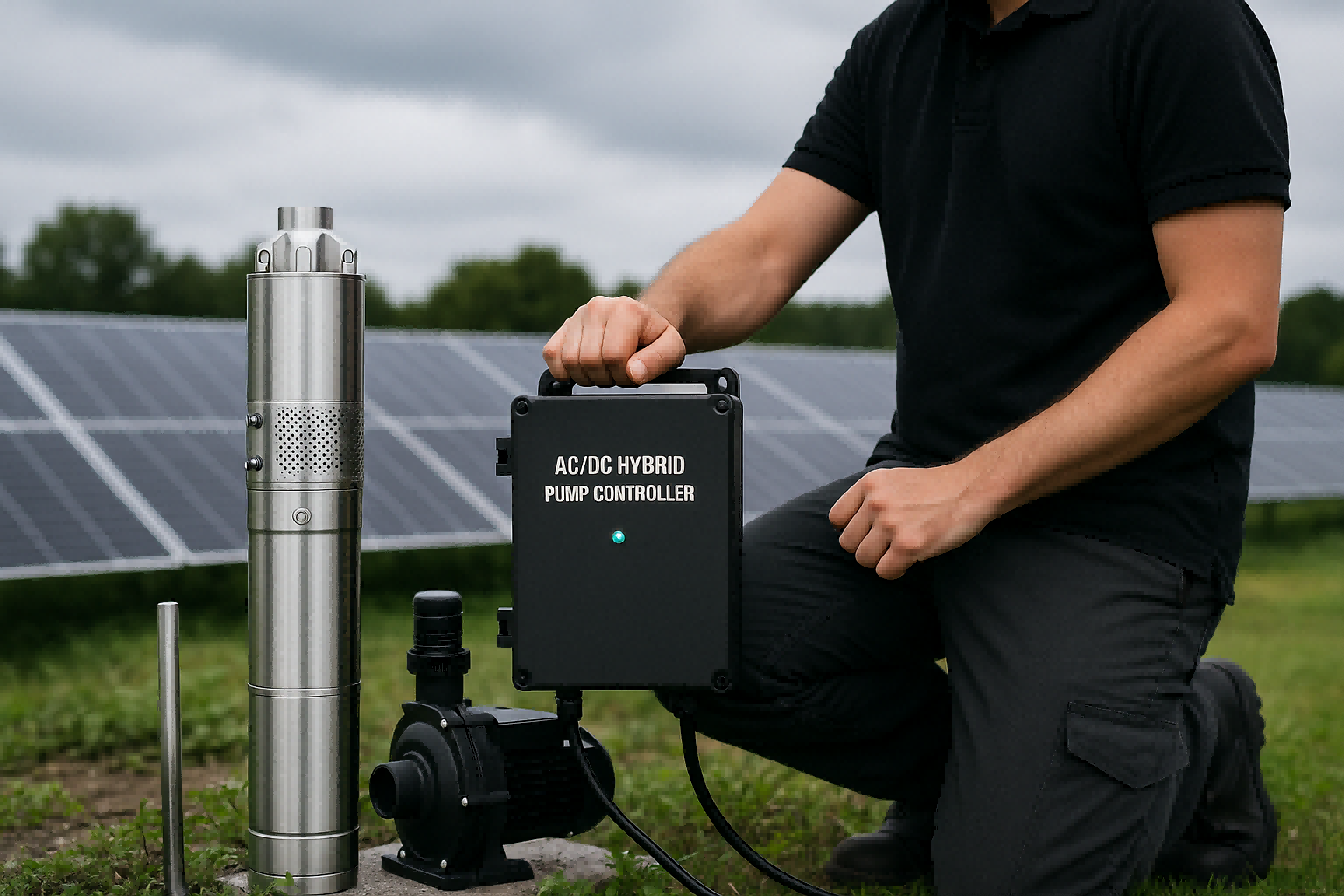 A hybrid solar pump controller showing inputs for both solar panels and an AC power source