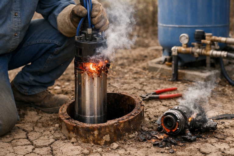A graphic showing a submersible pump overheating with a red glow because it is not submerged in water.