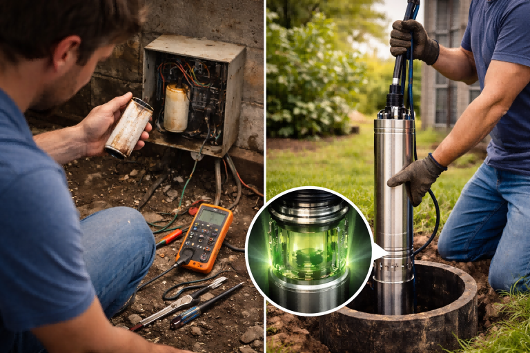 A technician inspects a failed capacitor inside a traditional single-phase pump control box while another installer lowers a modern stainless steel submersible pump into a well, illustrating how RAFSUN submersible pumps can run without a capacitor. The image contrasts capacitor-dependent AC pumps with electronically controlled BLDC and three-phase motor submersible pumps, explaining why modern designs start reliably, operate efficiently, and eliminate capacitor-related failures, clearly answering the question: Can a submersible pump run without a capacitor?