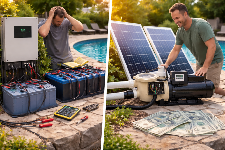 A side-by-side poolside installation scene comparing two setups involving a RAFSUN pool pump. One side shows a complex inverter and battery system powering a traditional AC pool pump, while the other highlights a streamlined DC solar pool pump connected directly to solar panels. The image clearly answers “Can you run a pool pump off an inverter?” by illustrating that although inverter-based operation is possible, a dedicated RAFSUN DC solar pool pump delivers higher efficiency, lower energy loss, and simpler installation without visible text or faces.