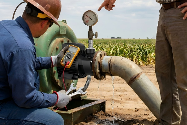 A farmer inspecting a noisy irrigation pump in a field