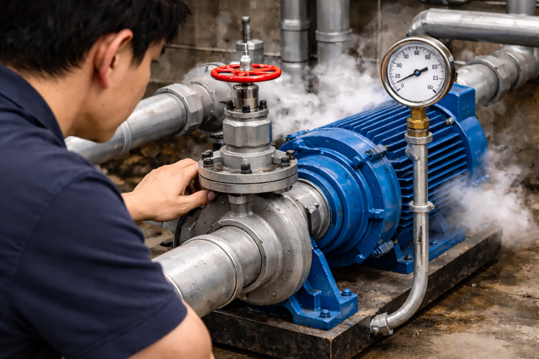A professional technician inspects a RAFSUN centrifugal pump system in an industrial setting, placing one hand on the discharge pipe near the valve while monitoring a stable pressure gauge. The blue centrifugal pump is connected to stainless steel piping, illustrating how back pressure is created by system resistance. This image explains do centrifugal pumps need back pressure by showing how proper discharge pressure prevents cavitation, reduces noise, protects internal components, and keeps the RAFSUN pump operating efficiently along its performance curve.