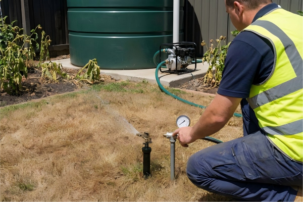 A garden with a sprinkler system and a separate well head nearby