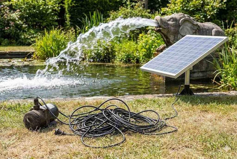 This image features a working RAFSUN solar pond pump powering a strong water feature in a garden pond. A solar panel is positioned on a stand beside the pond, supplying clean solar energy to the pump placed on the grass. The pump drives a powerful stream of water through an ornamental stone elephant fountain, creating vigorous water flow and aeration. Surrounding greenery, pond plants, and reflective water show a healthy, well-circulated pond ecosystem. The scene clearly demonstrates that RAFSUN solar pond pumps truly work, providing reliable performance, strong flow output, and eco-friendly operation without grid electricity—answering the question “Do solar pond pumps really work?” with real, visible results.