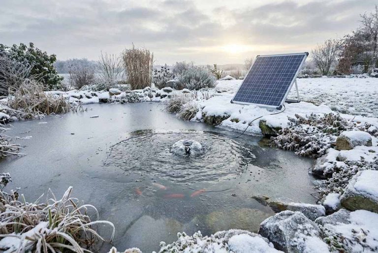 This image shows a snow-covered backyard pond in winter, where a RAFSUN solar pond pump continues circulating water despite freezing temperatures. A large solar panel is positioned on a stand beside the pond, collecting available sunlight to power the pump. The pump keeps a circular opening in the ice by creating constant water movement, helping oxygen reach the fish visible beneath the surface. Frost-covered plants, frozen rocks, and a soft winter sunrise surround the pond, demonstrating how RAFSUN solar pond pumps operate reliably in winter and prevent complete pond freeze-over. The scene visually answers the question “Do solar pond pumps work in winter?” by showcasing their effective cold-weather functionality.