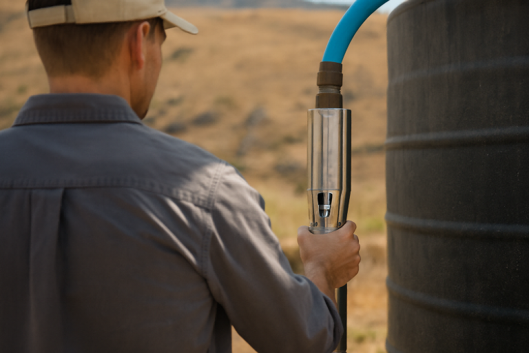 A technician, with his face not visible, connects a RAFSUN stainless-steel solar water pump to a large outdoor water storage tank using a blue pipe. The scene illustrates how solar pumps operate without batteries by storing water instead of electrical energy. The pump is being held securely while the worker checks the installation, demonstrating the simplicity of RAFSUN solar pump systems and how they provide reliable water access even without a battery bank.