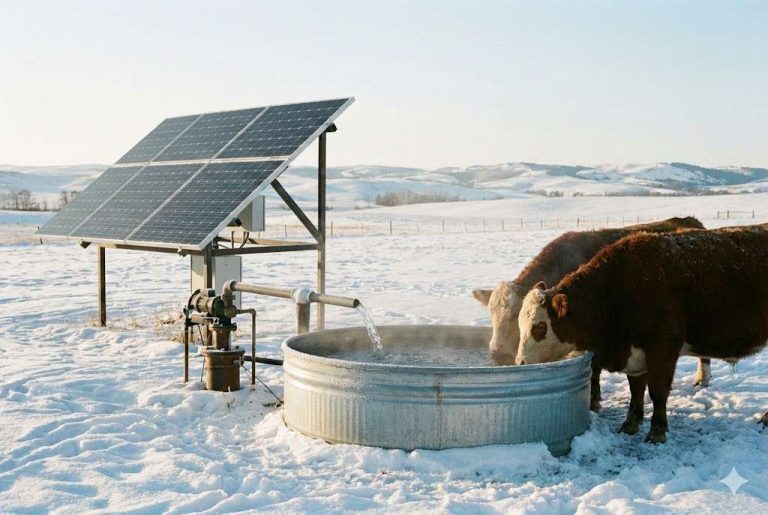 This image shows a winter farm scene where a RAFSUN solar water pump is actively supplying fresh water to livestock despite the snowy, freezing conditions. Large solar panels are mounted on a metal frame, capturing sunlight even in cold weather. The RAFSUN pump draws water and delivers a steady flow into a round galvanized trough where two cows are drinking. Snow-covered fields and distant hills create a bright winter landscape, demonstrating that RAFSUN solar pumps can operate efficiently in winter, providing reliable water for animals and off-grid farms. This visual directly supports the question “Do solar pumps work in winter?” by showing stable performance in cold climates.