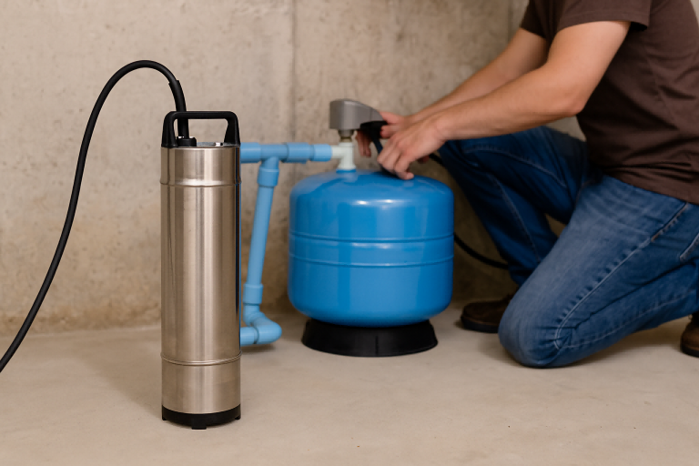 A technician performs a preventative inspection on a RAFSUN submersible pump installed in a basement water system. The stainless-steel pump stands upright beside a blue pressure tank and PVC piping while the technician, whose face is not visible, checks the system components. This realistic scene visually supports the topic “Do submersible pumps need maintenance?” by illustrating routine checks that ensure long-term performance and reliability.