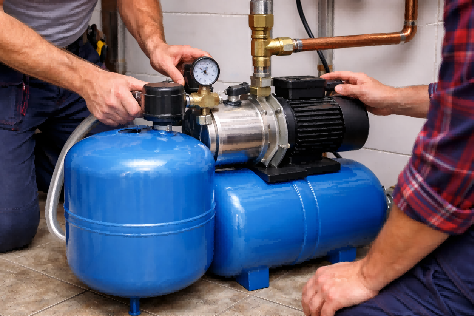 A detailed view of a RAFSUN booster pump system installed with a blue pressure tank in a residential utility room. Two professional installers are adjusting the pressure gauge and fittings, visually answering the question does a booster pump need a pressure tank by showing how the pressure tank reduces pump cycling, stabilizes water pressure, improves energy efficiency, and extends the lifespan of the booster pump motor.