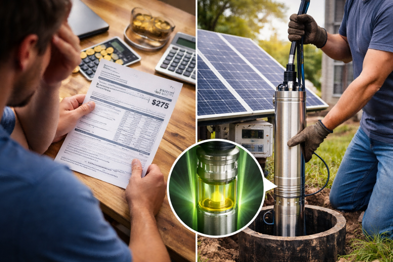 A homeowner reviews a high electricity bill while a technician installs a modern stainless steel submersible pump beside solar panels, demonstrating why RAFSUN submersible pumps do not use a lot of electricity. The image highlights an energy-efficient well water system powered by a high-efficiency BLDC motor, showing how modern submersible pump technology reduces power consumption, delivers reliable water pressure, and can operate efficiently with solar energy for residential use, clearly answering the question: Does a submersible pump use a lot of electricity?