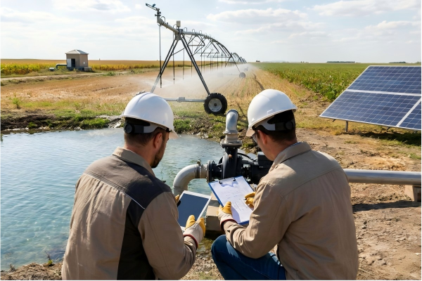 Two engineers wearing white hard hats and work jackets are kneeling beside a black RAFSUN centrifugal water pump station next to a pond in a sunlit agricultural field. One engineer is holding a tablet, while the background features an active center pivot irrigation system spraying water and a row of solar panels. The scene visually represents the evaluation process when considering "How do I choose an irrigation system pump?"