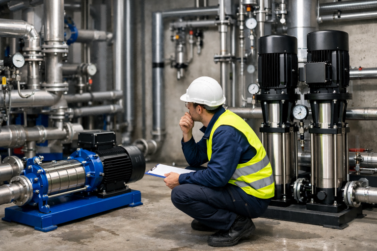 An experienced engineer inspects and compares a horizontal multistage pump and vertical multistage pumps installed in an industrial mechanical room, evaluating space requirements, pressure performance, and flow rate differences. This image illustrates an expert guide to choosing between horizontal and vertical multistage pumps for building water supply and high-pressure applications, featuring professional RAFSUN pump systems designed for efficiency, reliability, and optimal installation in both spacious and space-limited environments.