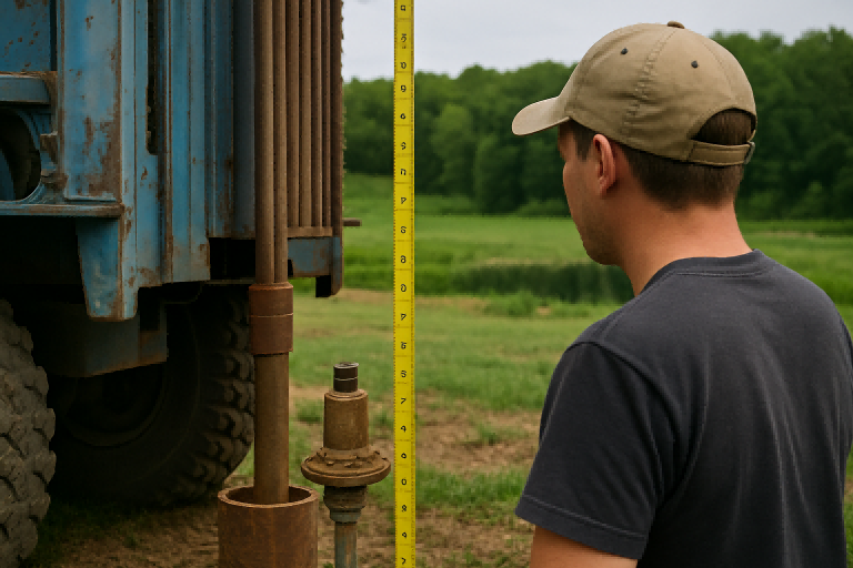 A field technician stands beside a rustic blue well-drilling rig, using a long measuring tape to check the drilling depth needed to reach groundwater. The scene captures the early stage of a well installation on a rural property with grassy fields, trees, and a distant pond in the background. This image visually supports the question “How deep does a well have to be to hit water?” by showing the real measurement process involved in locating aquifers, a crucial step before installing a RAFSUN submersible pump for reliable water supply.