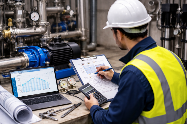 An engineer wearing safety gear evaluates pump sizing inside an industrial mechanical room, analyzing flow rate and total dynamic head calculations using a clipboard, calculator, and pump performance curve displayed on a laptop. A centrifugal pump with pressure gauges and piping is shown in the background, illustrating how to choose a pump size based on required GPM and TDH to avoid low pressure or system failure. This image represents professional RAFSUN pump sizing practices designed to ensure correct pump selection, reliable performance, and efficient water delivery.