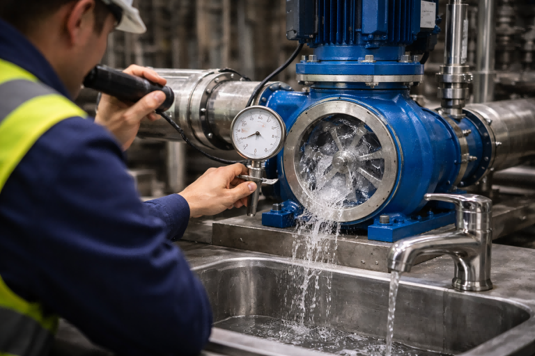 A professional mechanical room scene showing a RAFSUN water pump being inspected for an airlock condition. The image features a blue centrifugal pump with the motor running, visible air bubbles inside the pump casing, and a pressure gauge failing to build pressure near zero. A technician wearing safety gear uses a flashlight to diagnose the system, while only a weak flow of water exits the outlet. This visual clearly demonstrates how to know if a water pump has an airlock, including symptoms such as running motor, no water flow, abnormal noise, and loss of pressure.