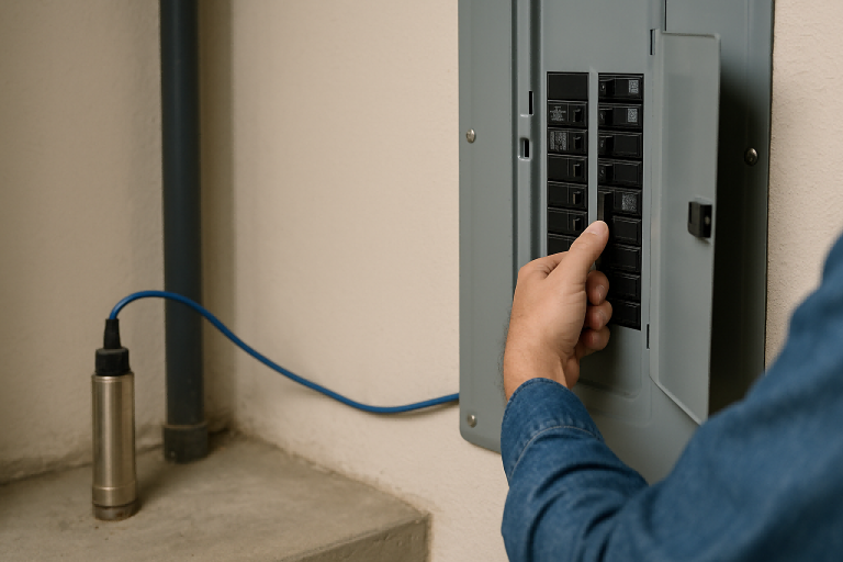 A homeowner’s hand resets a circuit breaker connected to a RAFSUN submersible pump, showing the typical method for power-cycling a well pump. The stainless-steel submersible pump sits on a concrete floor with its blue cable running to the electrical panel, illustrating the real-world process of resetting a malfunctioning pump by turning the breaker off and back on. This scene visually explains the troubleshooting steps behind the question: “How do I reset a submersible pump?”