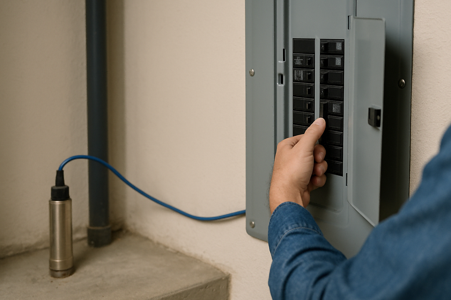 A person's hand safely turning off a dedicated circuit breaker in a panel box, labeled "Well Pump."