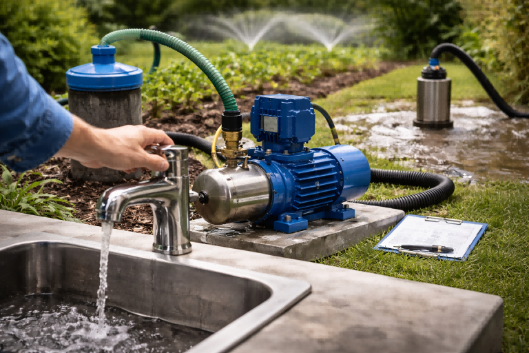 A clear outdoor residential scene showing a RAFSUN water pump system installed beside a sink and garden area. The image features low water pressure at a household faucet, a blue water pump connected to hoses drawing water from a source, and irrigation sprinklers operating in the background. A person’s hand adjusts the tap without showing the face, illustrating common signs that indicate the need for a water pump, such as weak water pressure, moving water from a well or tank, draining flooded areas, and boosting pressure for irrigation or daily water supply.