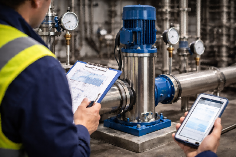 A professional industrial pump room scene showing a RAFSUN vertical pump being evaluated for correct sizing. The image features a tall stainless steel vertical multistage pump connected to pipelines with pressure gauges, while an engineer wearing safety gear reviews flow rate and total dynamic head data on a clipboard and mobile device. The technician’s face is not visible, keeping focus on the pump system. This visual explains how to size a vertical pump by matching required flow rate and total dynamic head to the pump performance curve, ensuring optimal efficiency, energy savings, and long-term reliability.