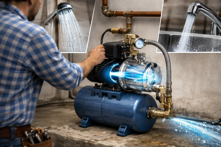 A realistic indoor scene shows a professional technician adjusting a residential booster pump system while strong water flows from a shower and faucet in the background. The image visually explains how a booster pump works by using an electric motor to spin an internal impeller, increasing water pressure and flow when low pressure is detected. A pressure switch automatically activates the pump to deliver consistent water supply throughout the plumbing system, demonstrating the reliable performance and efficient operation of a RAFSUN booster pump for home water pressure improvement.