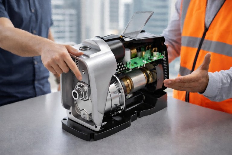 How does a multistage pump work? This image shows a RAFSUN multistage pump in a professional engineering environment, displayed in a cutaway design that reveals multiple impellers arranged in series on a single shaft. Technicians demonstrate how water pressure increases stage by stage as fluid passes through each impeller, illustrating the operating principle of a multistage centrifugal pump used for high-rise buildings, industrial water boosting, and high-pressure applications. The internal motor, electronic control components, and precision impeller stages highlight how RAFSUN multistage pumps generate high discharge pressure efficiently.