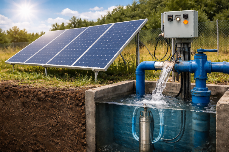 A simple diagram showing the flow of energy from the sun to solar panels, to a controller, to a submersible pump in a well, and finally water flowing out.