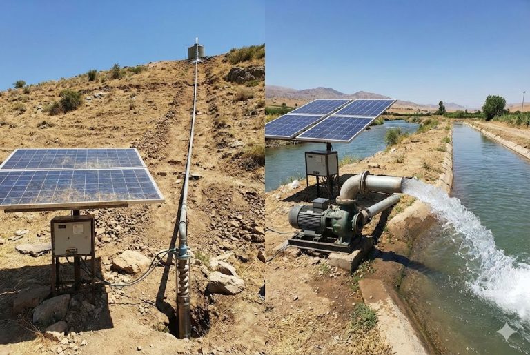 A solar-powered water pumping system is shown in two real-world installations. On the left, a deep-well solar pump lifts water uphill through a long pipeline to a storage tank positioned high on a rocky slope, demonstrating vertical lift capability. On the right, a 1HP solar-driven surface pump delivers a strong flow of water from an irrigation canal using a large solar panel array. The setup illustrates how far a 1HP pump can push water horizontally and vertically when powered efficiently by solar energy. These systems represent practical performance levels achievable with modern high-efficiency RAFSUN pumps. Keyword: How far can a 1HP pump push water?