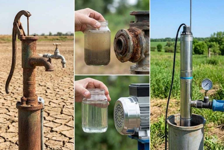 A comparison scene showing the difference in pump lifespan and water quality between old, deteriorated equipment and a modern high-quality system. On the left, a heavily rusted manual water pump stands in a dry, cracked field, symbolizing wear, corrosion, and declining performance over time. The center images show jars of murky, sediment-filled water and close-ups of a corroded pump housing, representing how aging pumps can affect reliability and water quality. On the right, a new stainless-steel RAFSUN submersible pump operates inside a well casing with a pressure gauge attached, delivering clean, clear water. The image illustrates how pump durability varies widely depending on build quality, maintenance, and environment. Keyword: How long will a pump last?