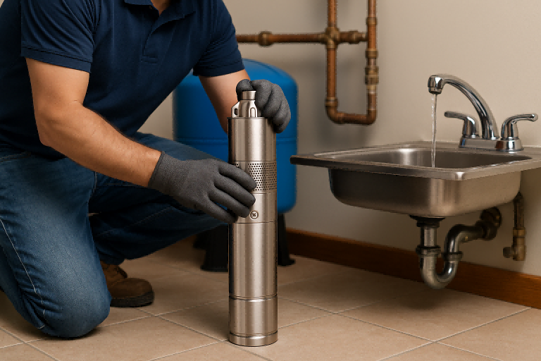 A plumber kneels on a tiled utility room floor while inspecting a stainless steel RAFSUN submersible well pump. Wearing gloves and a navy work shirt, he adjusts the pump near a blue pressure tank, copper plumbing lines, and a utility sink with running water. The scene illustrates real-world troubleshooting for low well pressure and supports the topic “How many HP do I need for a well pump?” by showcasing a professional evaluating pump size and performance using RAFSUN equipment for residential water systems.