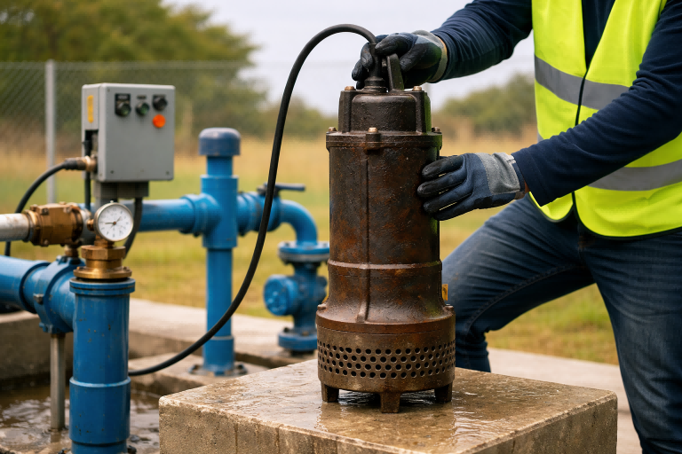 A cross-section view of a durable submersible pump highlighting its motor and stainless steel components.