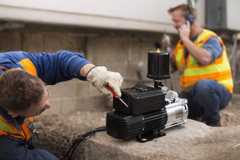 A professional technician inspects and services a RAFSUN water pump system installed outdoors, checking the motor and control unit while another worker monitors the job in the background. The image illustrates real-world pump maintenance scenarios related to how often a water pump should be replaced, highlighting factors such as usage conditions, motor type, water quality, and long-term reliability for well and pressure pump systems.