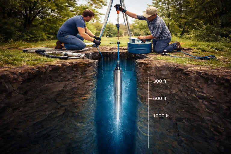 Two technicians install a stainless steel submersible pump into a very deep well using a hoist system, while the pump is shown descending far below the surface into a narrow rock-lined borehole. The image demonstrates how RAFSUN submersible pumps are engineered to reach extreme depths, with standard models operating around 50 to 100 meters and specialized deep-well pumps capable of pumping water from over 300 meters, clearly answering the question: How deep can a submersible pump go?