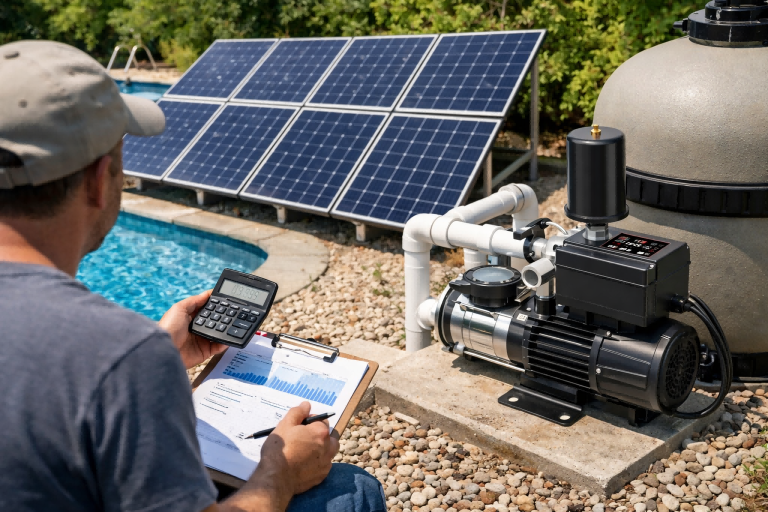 How many solar panels do I need to run a pool pump? A professional installer inspects a RAFSUN solar-powered pool pump system beside a residential swimming pool, with multiple solar panels supplying clean energy to a high-efficiency variable-speed pool pump. The image shows a real-world solar pool pump setup designed to reduce electricity costs while ensuring reliable water circulation, highlighting how pump efficiency determines the required number of solar panels.