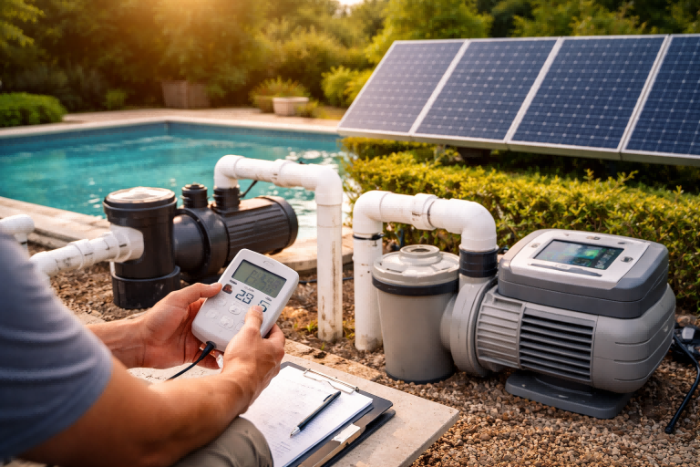 How many watts is a pool pump? A technician measures real-time power consumption of a RAFSUN pool pump installed beside a swimming pool, comparing a traditional high-wattage single-speed pump with an energy-efficient solar pool pump system powered by solar panels, highlighting reduced electricity usage and lower energy costs without showing faces.