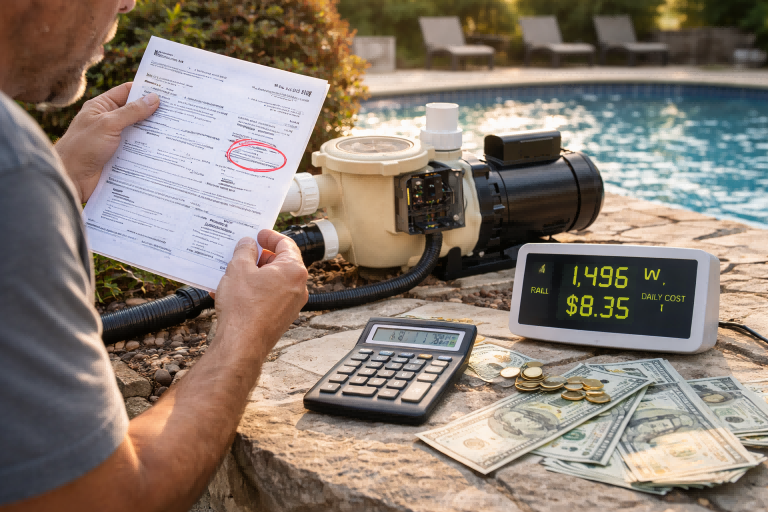 A realistic poolside scene showing a homeowner reviewing a high electricity bill next to a running RAFSUN pool pump, with an energy monitor, calculator, and cash placed nearby. The image visually answers the question “How much does it cost to run a pool pump for 24 hours?” by illustrating the high daily operating cost of a traditional single-speed pool pump, highlighting power consumption, rising electricity expenses, and the financial impact of continuous 24-hour pool pump operation, without visible text or faces.