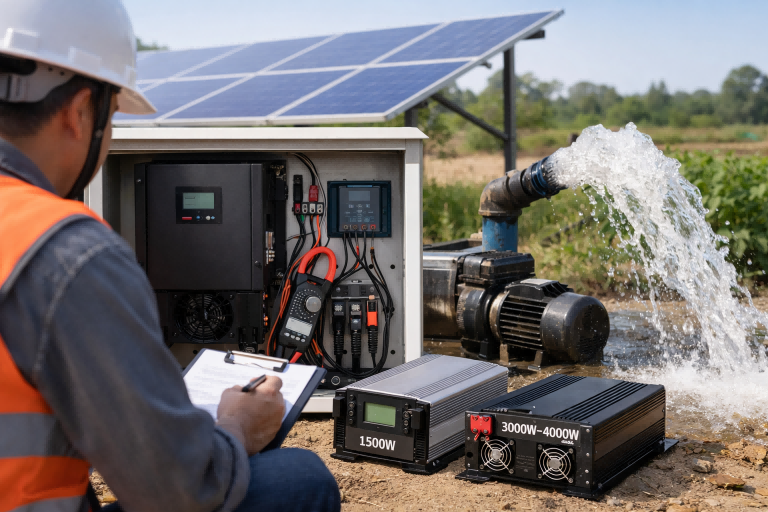 A professional technician installing and checking a RAFSUN 1HP water pump powered by a solar inverter system, with solar panels and inverter equipment in an outdoor rural setting. The image illustrates how much solar inverter do I need to run a 1HP water pump, highlighting proper inverter sizing to handle startup surge power and ensure safe, reliable pump operation.