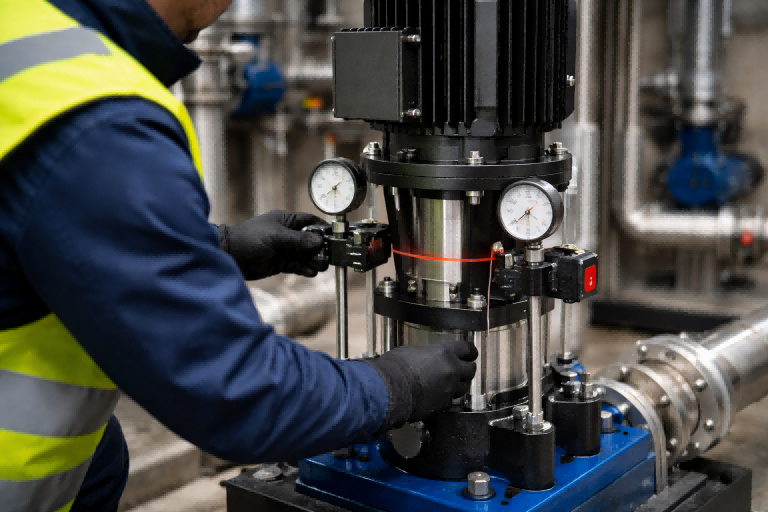 A professional technician aligns a vertical pump in an industrial pump room using dial indicators and a laser alignment tool, carefully adjusting the motor and pump shaft for precise concentricity and parallel alignment. The image demonstrates how to align vertical pumps correctly to reduce vibration, prevent premature wear, and ensure long-term operational reliability. This expert alignment process highlights RAFSUN vertical pump systems designed for stable performance, high efficiency, and precise installation in demanding applications.
