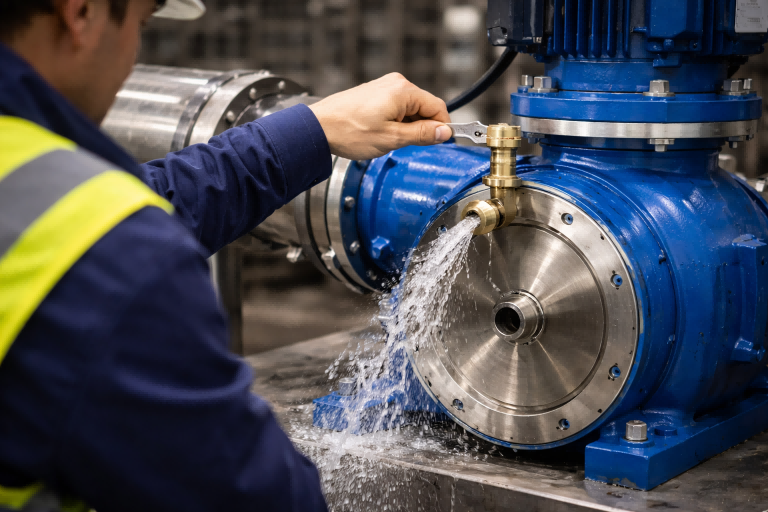A close-up industrial scene showing a RAFSUN centrifugal water pump during an air bleeding process. The image features a technician wearing safety gear carefully opening a brass bleed valve on the pump casing, releasing trapped air followed by a steady stream of water. The technician’s face is not visible, focusing attention on the pump components and proper procedure. This visual clearly explains how to bleed air out of a pump, demonstrating safe airlock removal to restore normal water flow, prevent dry running, and protect pump performance and longevity.