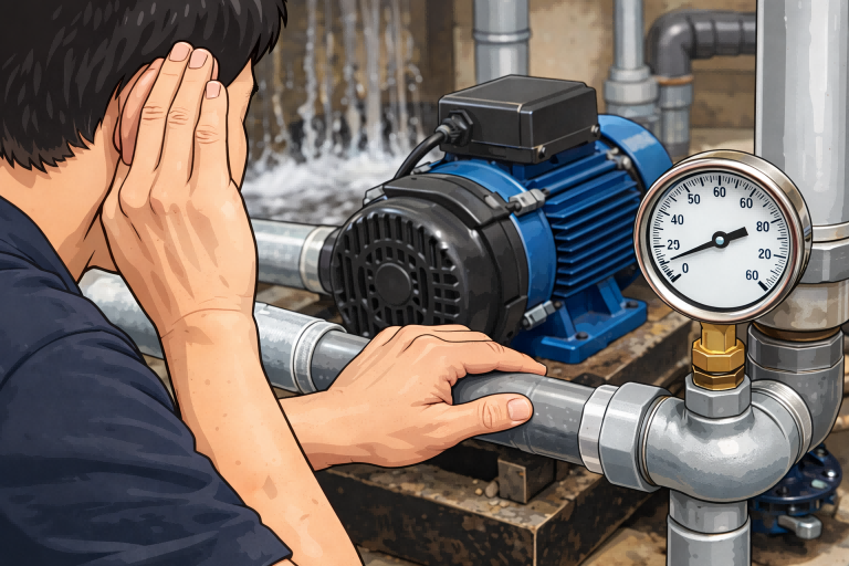 A technical cartoon-style illustration showing a professional inspecting a RAFSUN water pump system to determine circulation. The operator places one hand on the outlet pipe to feel vibration and temperature while listening closely to the pump motor. A pressure gauge displays a stable positive reading, indicating normal water movement through the system. This visual explains how to check if a water pump is circulating by monitoring sound, pipe vibration, outlet cooling, and pressure stability in a RAFSUN water pump installation.