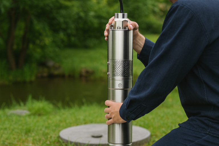 A technician kneels beside a well cover while holding a stainless-steel RAFSUN submersible pump, inspecting it as part of troubleshooting a low water level in a well. The scene features lush green grass, a blurred pond in the background, and the pump’s detailed intake screen and housing in sharp focus. This image visually supports the question “How to fix low water level in well?” by showing professional maintenance steps, such as pump inspection and well system evaluation, using high-quality RAFSUN equipment.