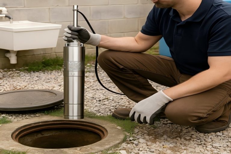 A technician kneels beside a dry outdoor well, inspecting the opening while holding a stainless steel RAFSUN submersible pump. The worker wears gloves, brown work pants, and a navy shirt, with a gravel ground surface, a blue pressure tank, and a concrete wall in the background. The scene illustrates the troubleshooting process for “How to fix a well that has gone dry?” by showing professional evaluation steps, such as lowering or checking the pump, before considering deeper well restoration methods like redevelopment or drilling.
