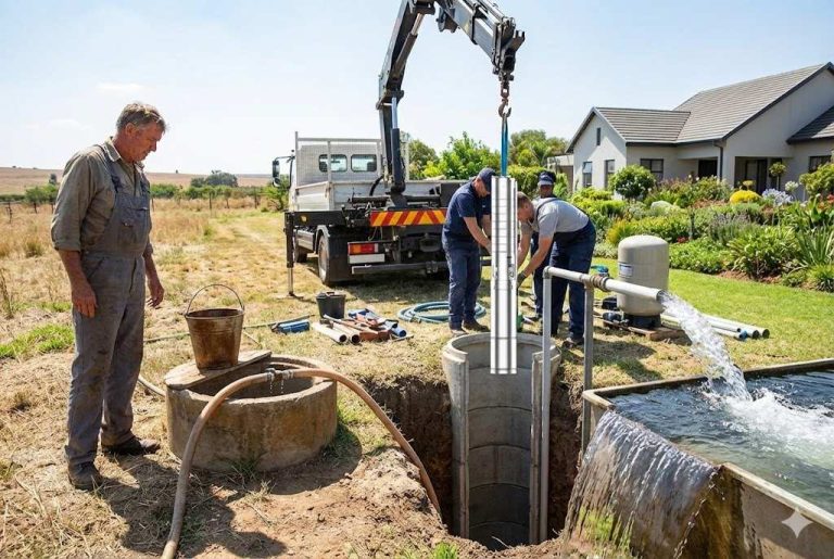 A team of technicians is working to increase the water output of a residential well system by installing or servicing a deep-well submersible pump. The scene shows workers using a crane truck to lower a stainless-steel RAFSUN submersible pump into a concrete well shaft while another man observes the process. Pipes, tools, and fittings are arranged around the site, and a strong stream of water flows from the system into a nearby trough, demonstrating improved production. This image illustrates practical methods for boosting well yield, such as upgrading to a high-efficiency RAFSUN pump, deepening the well intake, or enhancing pumping capacity. Keyword: How to make a well produce more water?