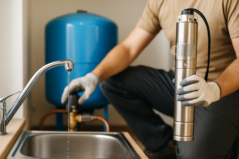 A plumber kneels beside a household sink while troubleshooting low well water levels, inspecting a pressure switch with one hand and holding a stainless steel RAFSUN submersible pump with the other. A faint trickle flows from the faucet, clearly indicating reduced water pressure. Behind the plumber, a large blue pressure tank and copper plumbing connections highlight the well system setup. The scene visually supports the topic “How to raise water level in a well?” by showing real diagnostic steps and professional tools, including the RAFSUN pump used in well restoration and water supply improvement.