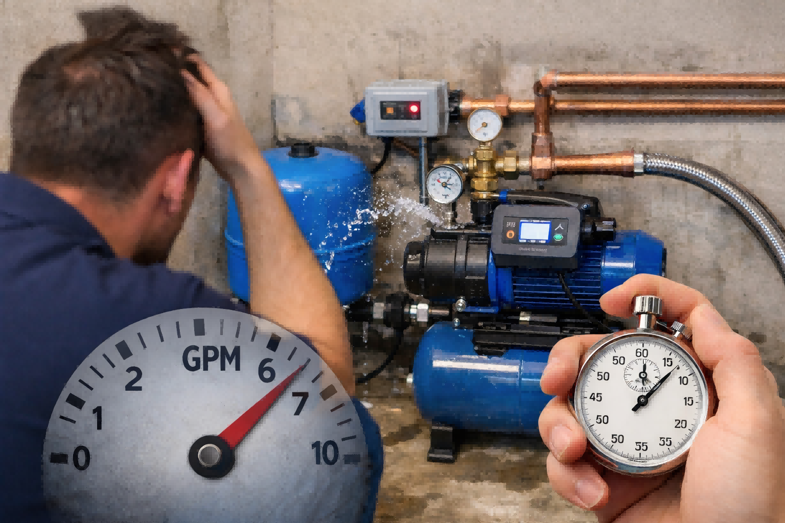 How to size a pressure tank for a booster pump shown in a residential water system with a RAFSUN booster pump, pressure tank, and pressure gauges, illustrating frequent pump cycling issues caused by incorrect tank sizing. The image shows a technician inspecting the booster pump setup to determine proper pressure tank capacity based on pump flow rate in GPM and pressure switch settings, helping ensure a minimum one-minute runtime to reduce energy waste, prevent rapid cycling, and protect the pump motor for long-term efficiency and reliability.