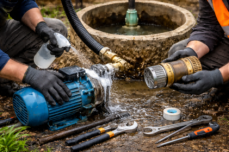 A diagram showing air bubbles entering a pump's suction line through a leaky pipe fitting