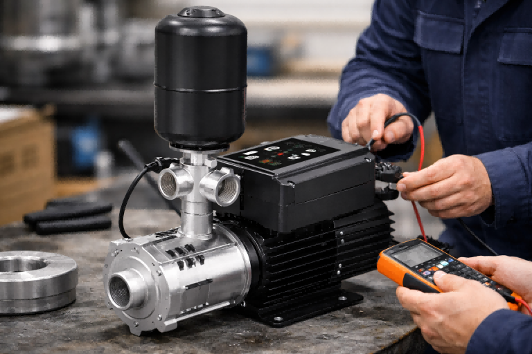 A RAFSUN smart booster water pump system featuring a high-efficiency motor, integrated intelligent digital controller, stainless steel hydraulic components, and a compact pressure tank. The image shows how to tell if a water pump is good by identifying stable pressure control, durable construction, advanced electronics, and reliable system design, which are essential indicators of quality, efficiency, and long-term performance in residential and commercial water supply applications.