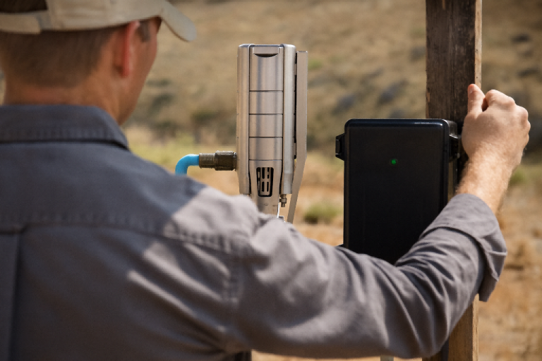 A technician inspects a RAFSUN solar pump system installed outdoors, checking the controller indicator light and the pump connection to verify if the solar pump is working correctly. The scene shows a close-up of the pump housing, wiring, and water outlet tube as the operator performs a functional test, representing practical steps for diagnosing solar pump performance in remote locations. This image illustrates the process of determining whether a RAFSUN solar pump is receiving power, running properly, and delivering water flow.